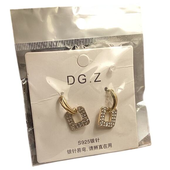 4133 NIP DG.Z Korean Design S925 Silver Over Gold Square Diamond Dangle earrings - Picture 2 of 3